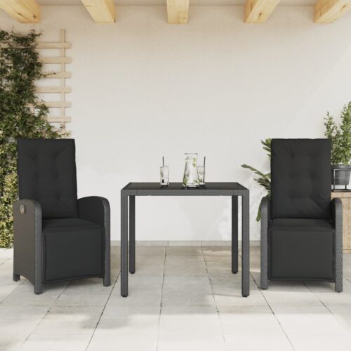3-Piece Bistro Set with Cushions Black Poly Rattan Wicker Outdoor Patio Furniture - Image 2