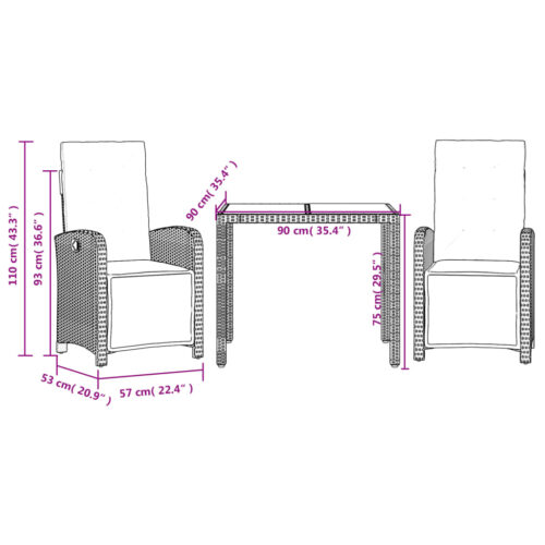 3-Piece Bistro Set with Cushions Black Poly Rattan Wicker Outdoor Patio Furniture - Image 9