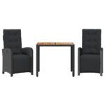 3-Piece Bistro Set with Cushions Black Poly Rattan Wicker Outdoor Patio Furniture