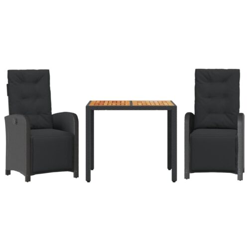 3-Piece Bistro Set with Cushions Black Poly Rattan Wicker Outdoor Patio Furniture