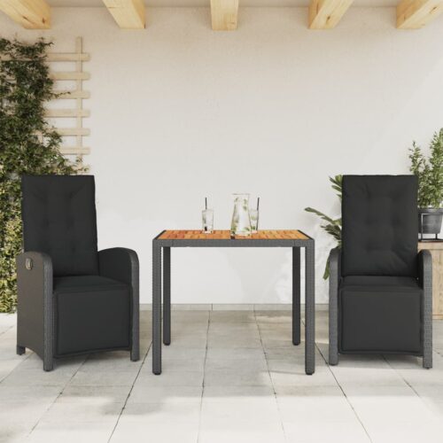 3-Piece Bistro Set with Cushions Black Poly Rattan Wicker Outdoor Patio Furniture - Image 2