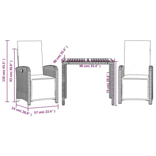 3-Piece Bistro Set with Cushions Black Poly Rattan Wicker Outdoor Patio Furniture - Image 9