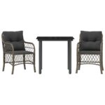 3-Piece Bistro Set with Cushions Grey Poly Rattan