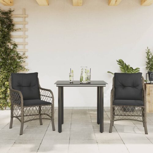 3-Piece Bistro Set with Cushions Grey Poly Rattan - Image 2