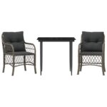 3-Piece Bistro Set with Cushions Grey Poly Rattan