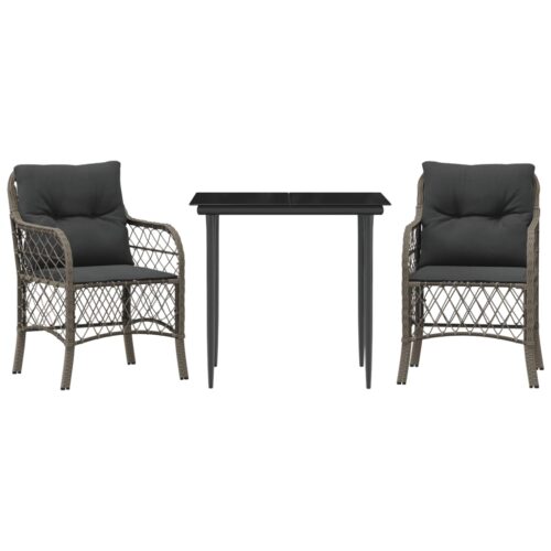 3-Piece Bistro Set with Cushions Grey Poly Rattan