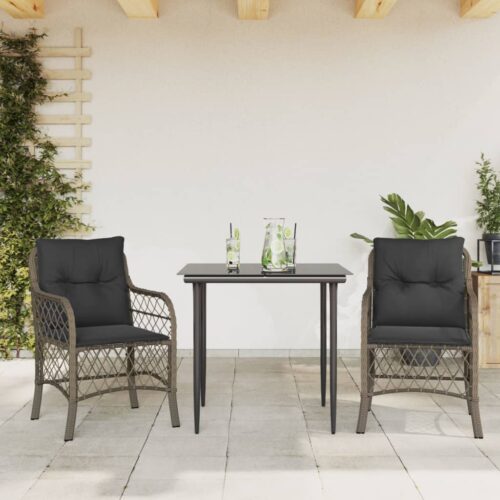 3-Piece Bistro Set with Cushions Grey Poly Rattan - Image 2