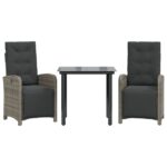 3-Piece Bistro Set with Cushions Grey Poly Rattan