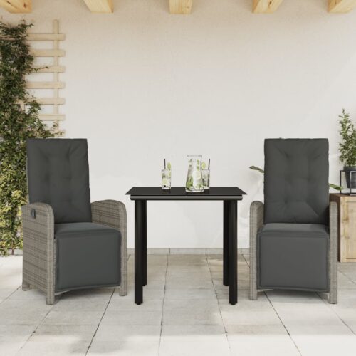3-Piece Bistro Set with Cushions Grey Poly Rattan - Image 2