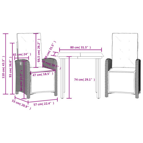 3-Piece Bistro Set with Cushions Grey Poly Rattan - Image 9