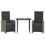 3-Piece Bistro Set with Cushions Grey Poly Rattan