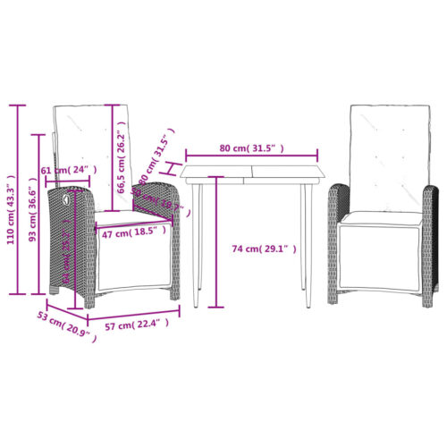 3-Piece Bistro Set with Cushions Grey Poly Rattan - Image 9