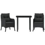 3-Piece Garden Dining Set with Cushions Black Poly Rattan Wicker Outdoor Patio Furniture