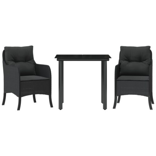 3-Piece Garden Dining Set with Cushions Black Poly Rattan Wicker Outdoor Patio Furniture