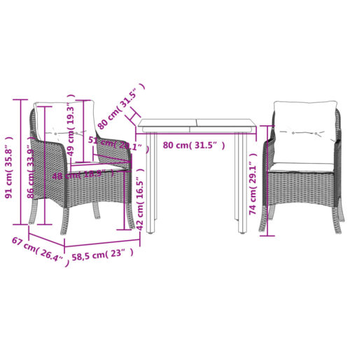 3-Piece Garden Dining Set with Cushions Black Poly Rattan Wicker Outdoor Patio Furniture - Image 6