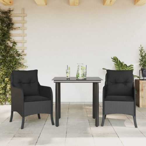 3-Piece Garden Dining Set with Cushions Black Poly Rattan Wicker Outdoor Patio Furniture - Image 8