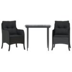 3-Piece Garden Dining Set with Cushions Black Poly Rattan Wicker Outdoor Patio Furniture
