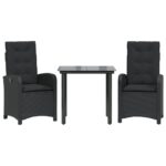 3-Piece Garden Dining Set with Cushions Black Poly Rattan Wicker Outdoor Patio Furniture