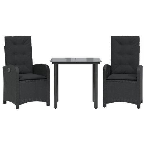 3-Piece Garden Dining Set with Cushions Black Poly Rattan Wicker Outdoor Patio Furniture