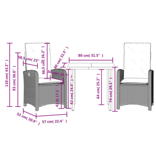 3-Piece Garden Dining Set with Cushions Black Poly Rattan Wicker Outdoor Patio Furniture - Image 8