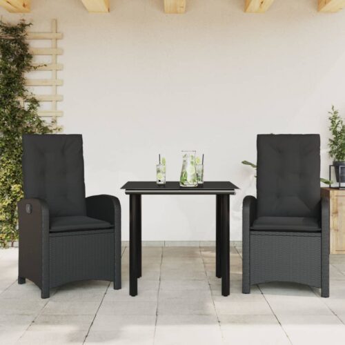 3-Piece Garden Dining Set with Cushions Black Poly Rattan Wicker Outdoor Patio Furniture - Image 10