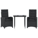 3-Piece Garden Dining Set with Cushions Black Poly Rattan Wicker Outdoor Patio Furniture