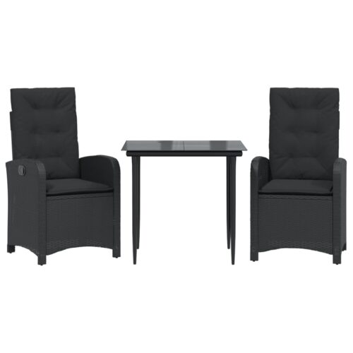 3-Piece Garden Dining Set with Cushions Black Poly Rattan Wicker Outdoor Patio Furniture