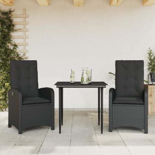 3-Piece Garden Dining Set with Cushions Black Poly Rattan Wicker Outdoor Patio Furniture - Image 10