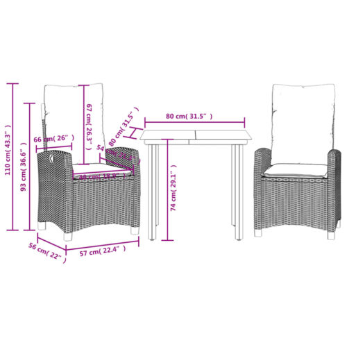 3-Piece Garden Dining Set with Cushions Black Poly Rattan - Image 9