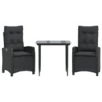 3-Piece Garden Dining Set with Cushions Black Poly Rattan