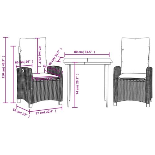 3-Piece Garden Dining Set with Cushions Black Poly Rattan - Image 8