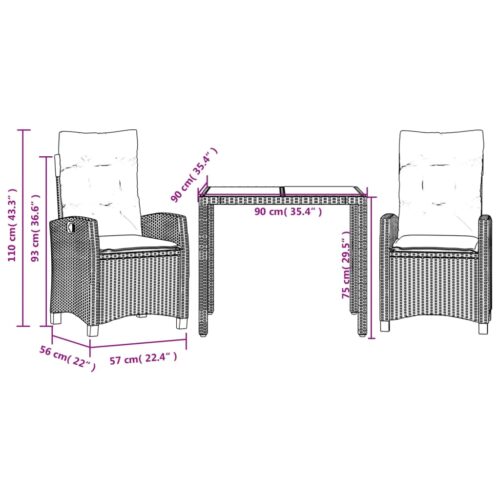 3-Piece Outdoor Dining Set Garden Patio Bistro Chairs Wicker Rattan Furniture - Image 8