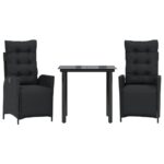 3-Piece Garden Dining Set with Cushions Black Poly Rattan Wicker Outdoor Patio Furniture