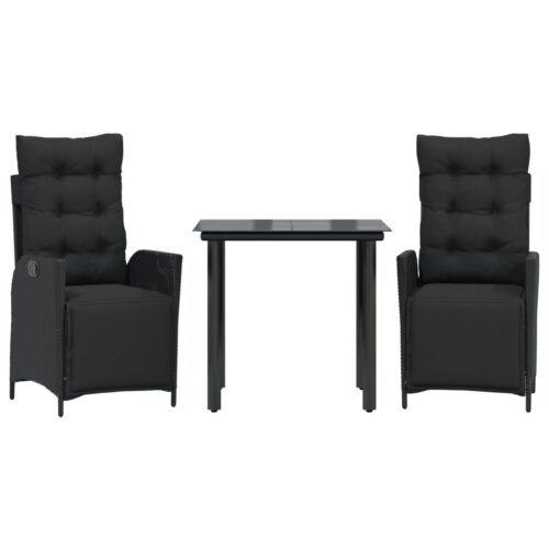 3-Piece Garden Dining Set with Cushions Black Poly Rattan Wicker Outdoor Patio Furniture
