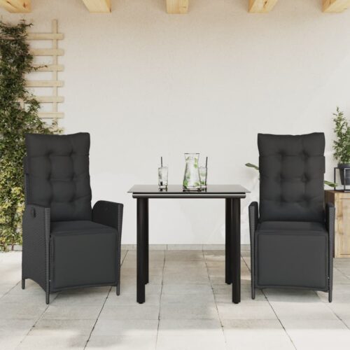 3-Piece Garden Dining Set with Cushions Black Poly Rattan Wicker Outdoor Patio Furniture - Image 10