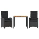 3-Piece Garden Dining Set with Cushions Black Poly Rattan Wicker Outdoor Patio Furniture