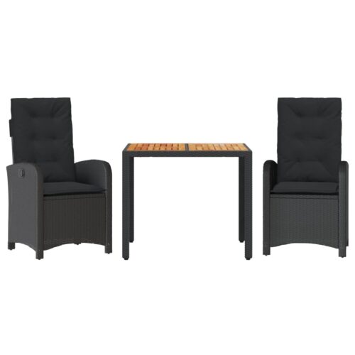 3-Piece Garden Dining Set with Cushions Black Poly Rattan Wicker Outdoor Patio Furniture