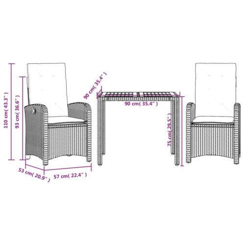 3-Piece Garden Dining Set with Cushions Black Poly Rattan Wicker Outdoor Patio Furniture - Image 8