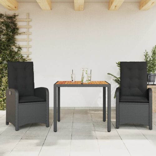 3-Piece Garden Dining Set with Cushions Black Poly Rattan Wicker Outdoor Patio Furniture - Image 10
