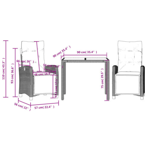 3-Piece Outdoor Dining Set Garden Patio Bistro Chairs Wicker Rattan Furniture - Image 8