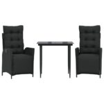 3-Piece Garden Dining Set with Cushions Black Poly Rattan Wicker Outdoor Patio Furniture