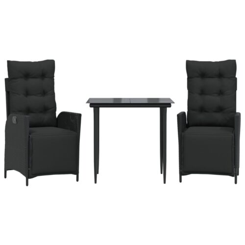 3-Piece Garden Dining Set with Cushions Black Poly Rattan Wicker Outdoor Patio Furniture