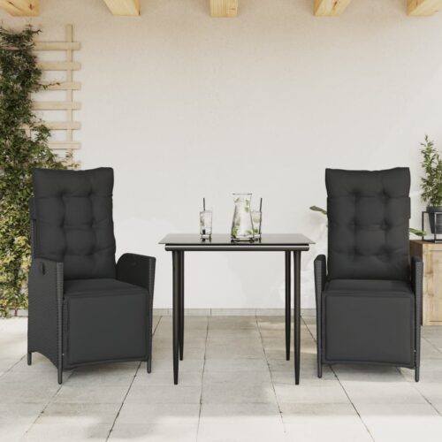 3-Piece Garden Dining Set with Cushions Black Poly Rattan Wicker Outdoor Patio Furniture - Image 10