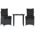 3-Piece Garden Dining Set with Cushions Black Poly Rattan Wicker Outdoor Patio Furniture
