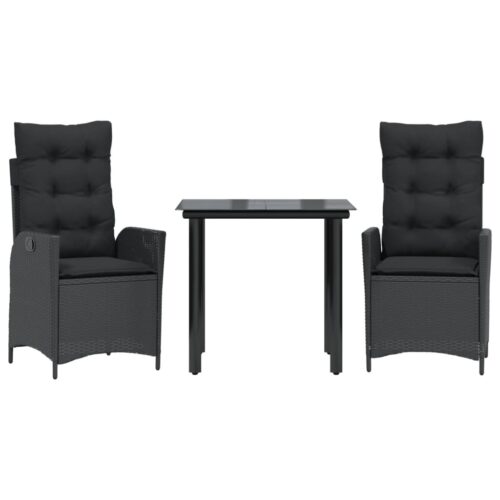 3-Piece Garden Dining Set with Cushions Black Poly Rattan Wicker Outdoor Patio Furniture