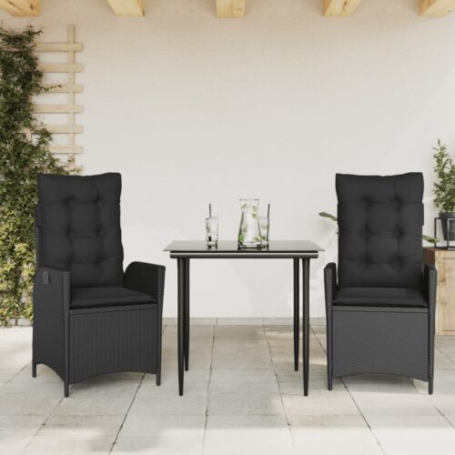 3-Piece Garden Dining Set with Cushions Black Poly Rattan Wicker Outdoor Patio Furniture - Image 10