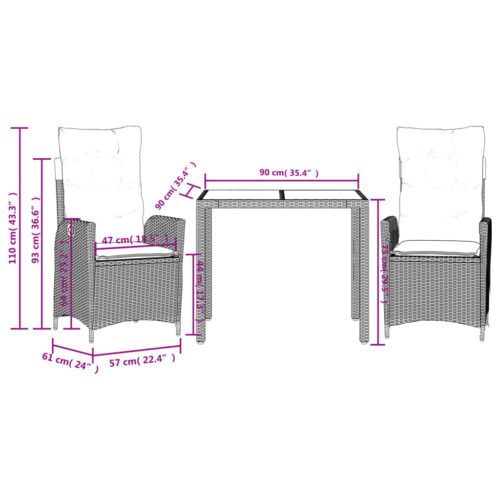 3-Piece Outdoor Dining Set Garden Patio Bistro Chairs Wicker Rattan Furniture - Image 8