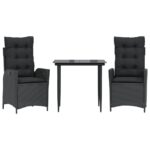 3-Piece Garden Dining Set with Cushions Black Poly Rattan Wicker Outdoor Patio Furniture