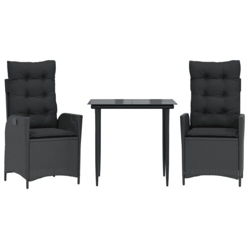 3-Piece Garden Dining Set with Cushions Black Poly Rattan Wicker Outdoor Patio Furniture