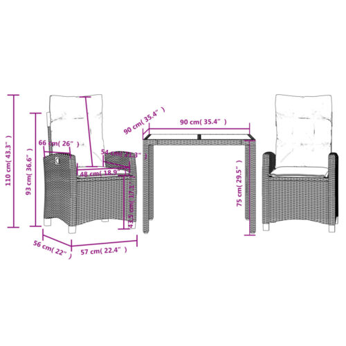 3-Piece Outdoor Dining Set Garden Patio Bistro Chairs Wicker Rattan Furniture - Image 8